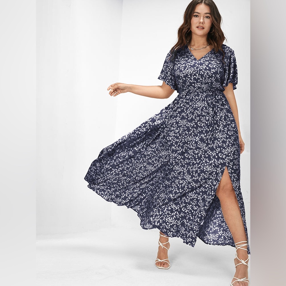 313.Bloomchic Bloom Dress - Flutter Sleeve Ditsy Floral Pocket Split Max…